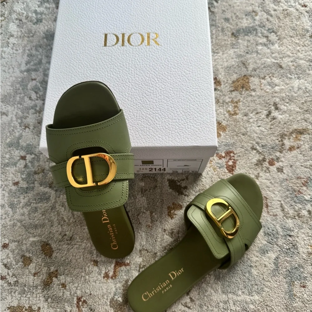 Dior - Montaigne Olive Green Slide Sandals with Gold Buckle - Picture 4 of 6